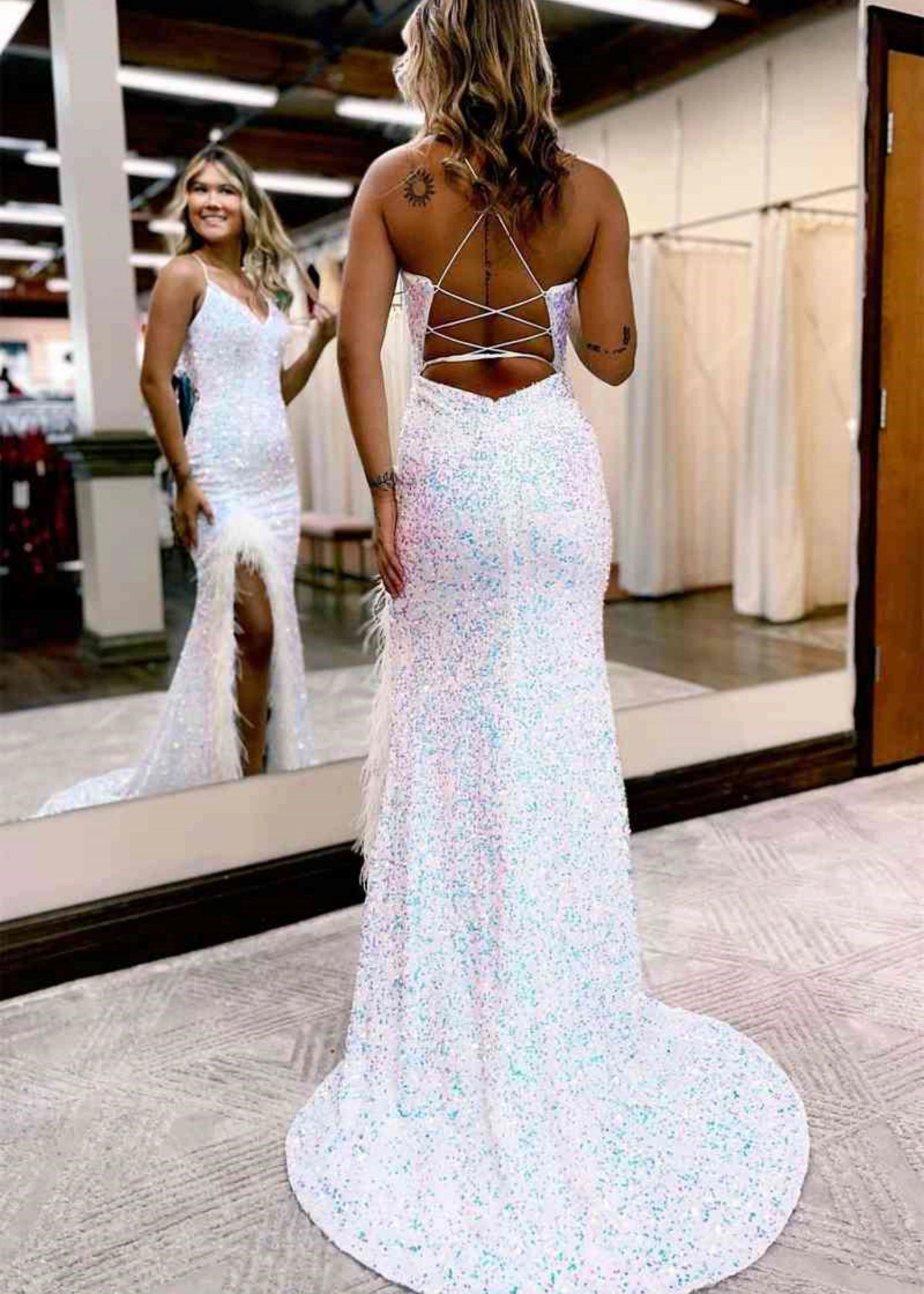 Gustave |Mermaid V Neck Royal Blue Sequins Long Prom Dress with Slit - White - US0 - PromDressClub