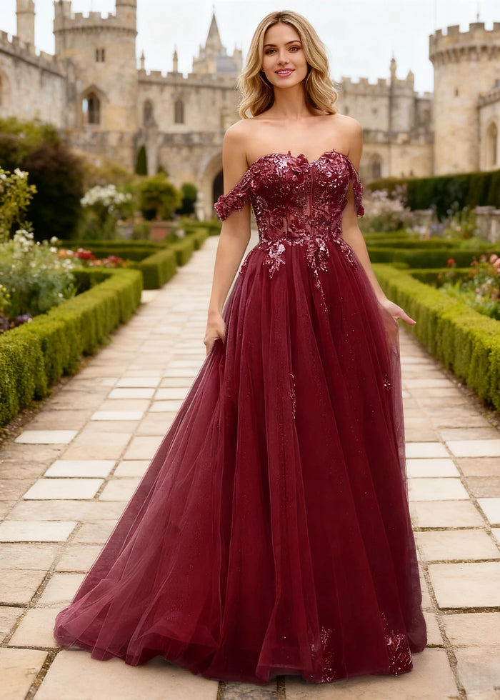 Gwen Burgundy 3D Flower Off Shoulder Prom Dress | A - Line Sweetheart Neckline Corset Tulle Formal Dress - Burgundy - PromDressClub