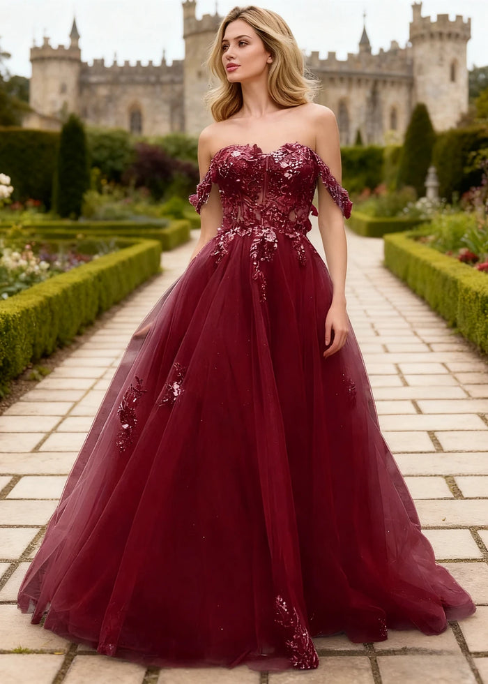 Gwen Burgundy 3D Flower Off Shoulder Prom Dress | A - Line Sweetheart Neckline Corset Tulle Formal Dress - Burgundy - PromDressClub