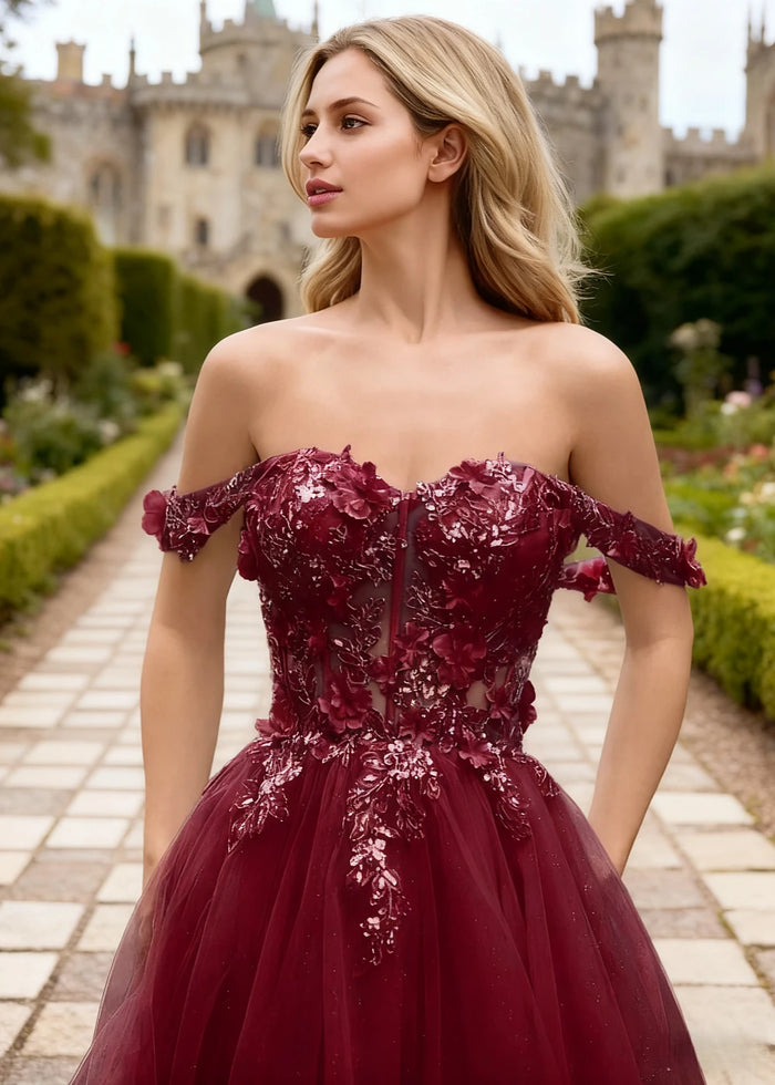 Gwen Burgundy 3D Flower Off Shoulder Prom Dress | A - Line Sweetheart Neckline Corset Tulle Formal Dress - Burgundy - PromDressClub