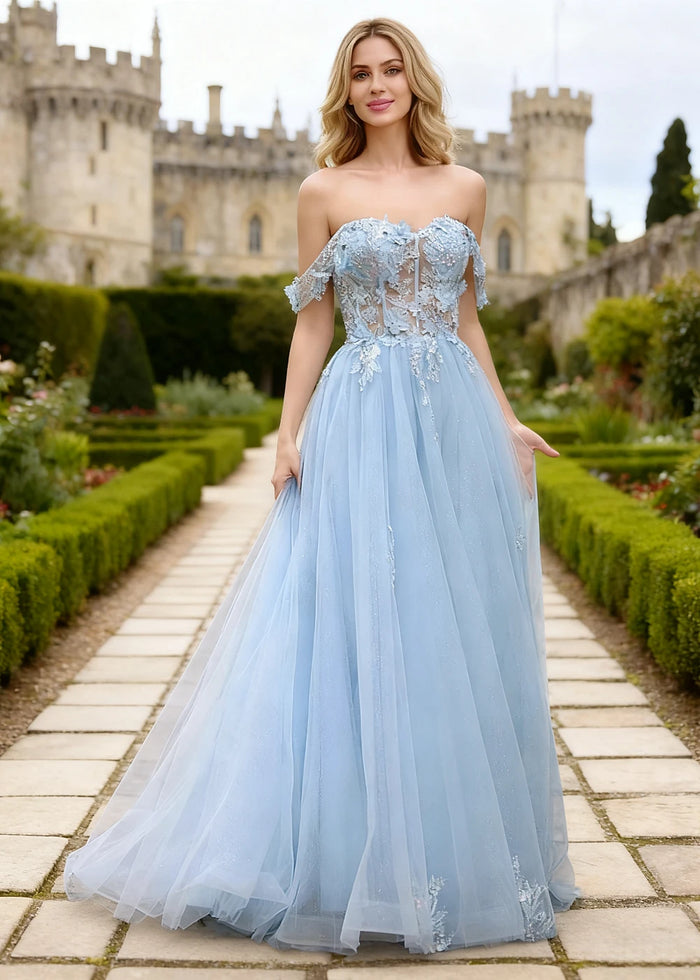Gwen Light Blue 3D Flower Off Shoulder Prom Dress | A - Line Sweetheart Neckline Corset Tulle Formal Dress - Light Blue - PromDressClub