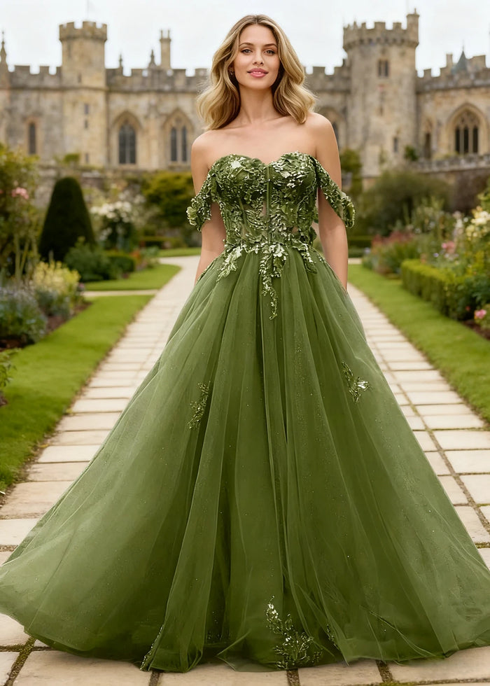 Gwen Olive Green 3D Flower Off Shoulder Prom Dress | A - Line Sweetheart Neckline Corset Tulle Formal Dress - Olive Green - PromDressClub
