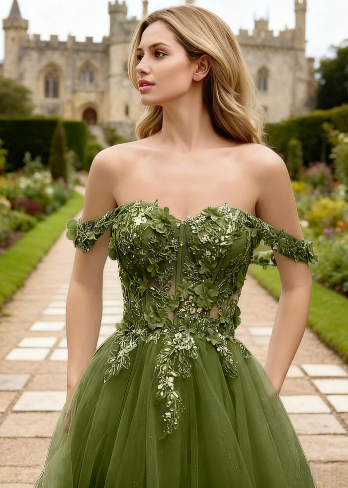 Gwen Olive Green 3D Flower Off Shoulder Prom Dress | A - Line Sweetheart Neckline Corset Tulle Formal Dress - Olive Green - PromDressClub