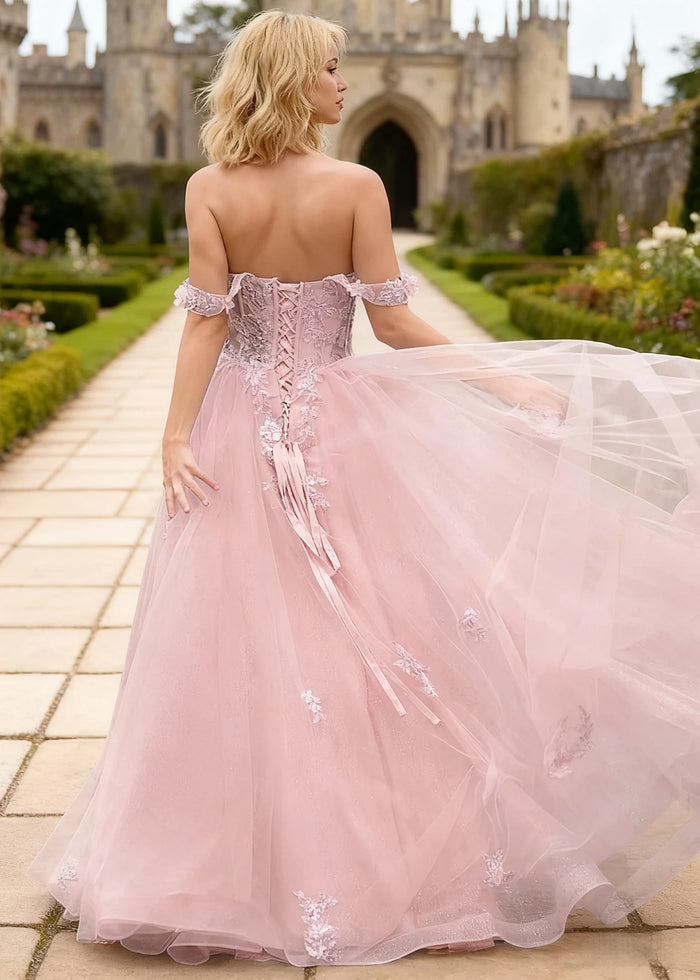Gwen Pink 3D Flower Off Shoulder Prom Dress | A - Line Sweetheart Neckline Corset Tulle Formal Dress - Pink - PromDressClub