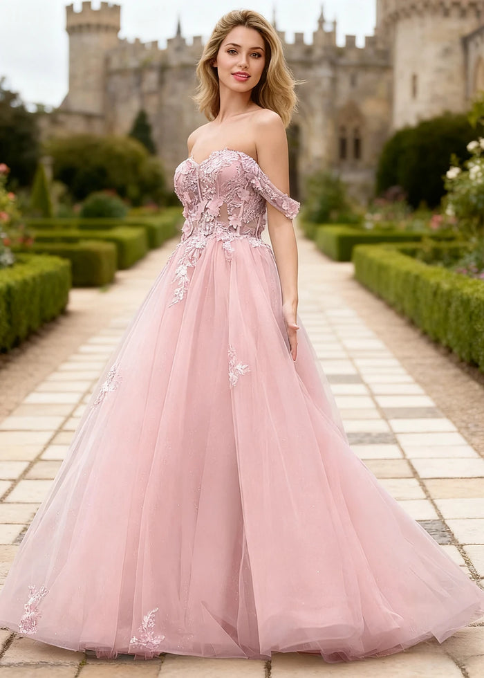 Gwen Pink 3D Flower Off Shoulder Prom Dress | A - Line Sweetheart Neckline Corset Tulle Formal Dress - Pink - PromDressClub
