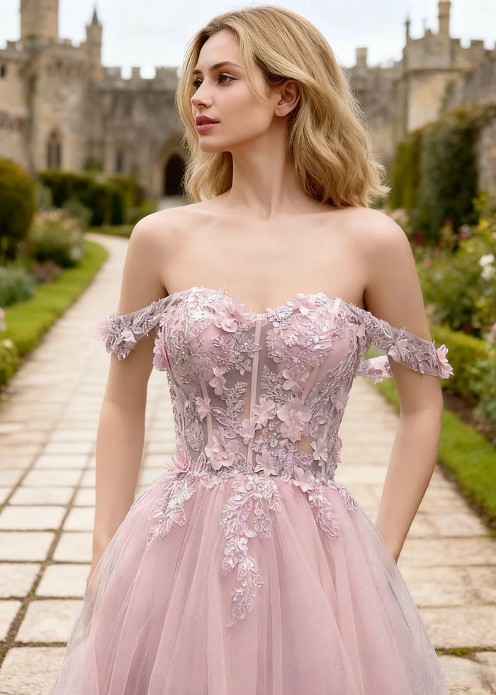 Gwen Pink 3D Flower Off Shoulder Prom Dress | A - Line Sweetheart Neckline Corset Tulle Formal Dress - Pink - PromDressClub