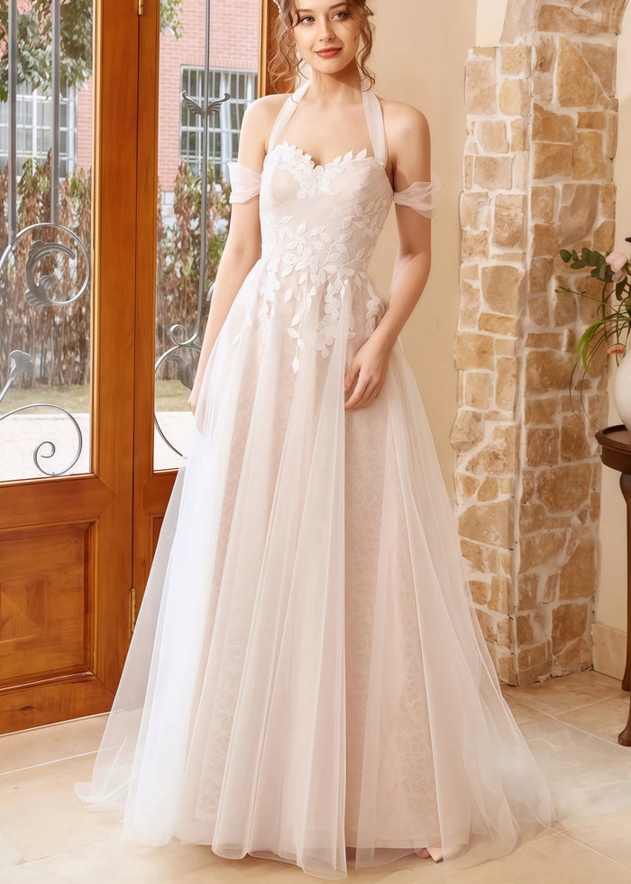 Gwendolyn | A Line Strapless Off the Shoulder White Tulle Wedding Dress with Appliques Lace - Price #price_variant_lowest# - White - PromDressClub