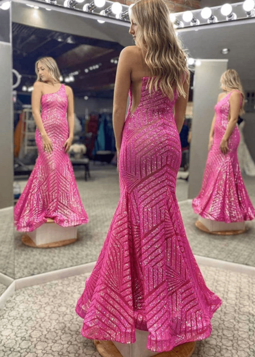 Gwendolyn | Hot Pink Orange One Shoulder Sequin Formal Dresses Mermaid - Hot Pink - PromDressClub