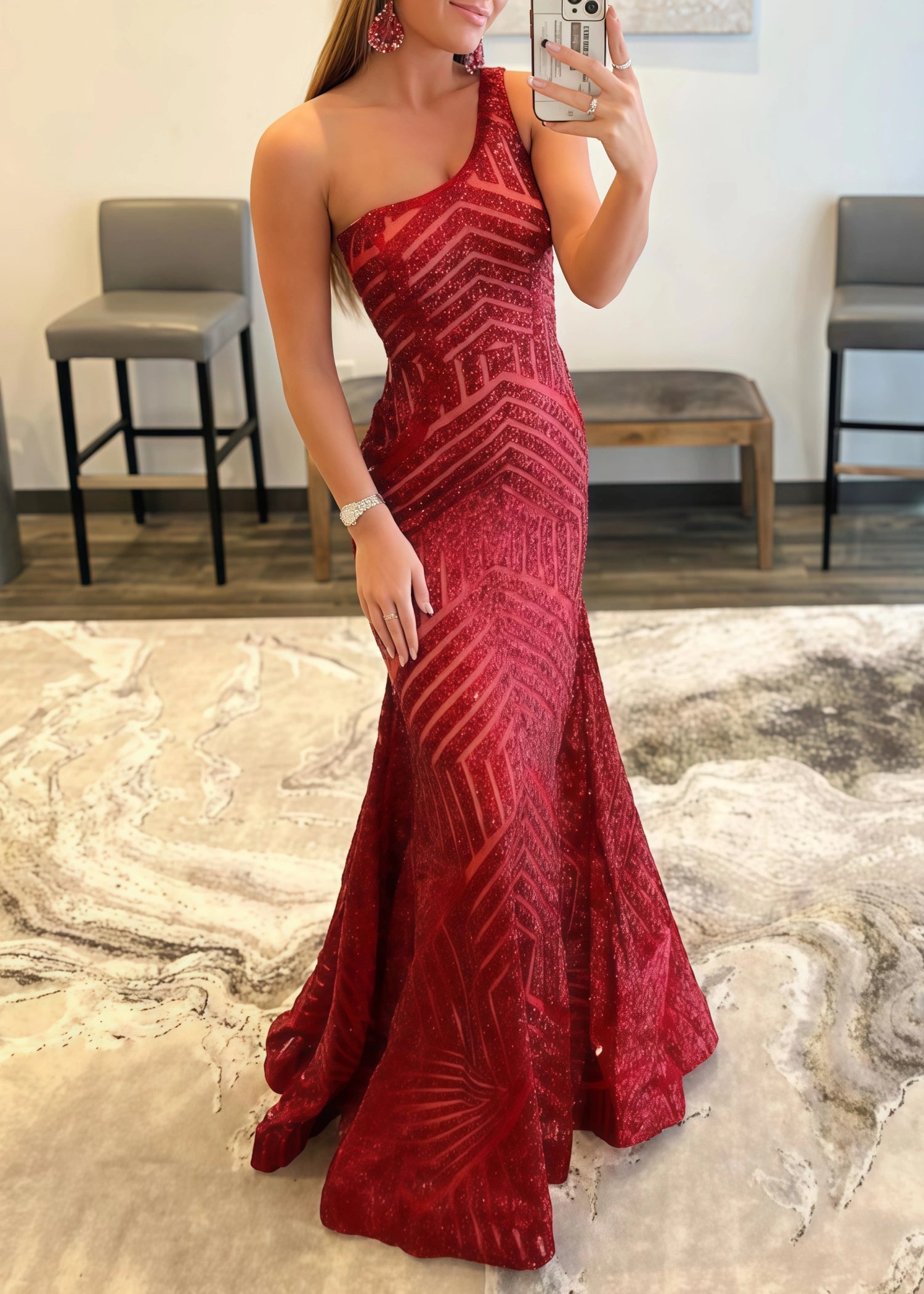 Gwendolyn |Mermaid One Shoulder Fuchsia Sequins Unique Long Prom Dress - Burgundy - US0 - PromDressClub