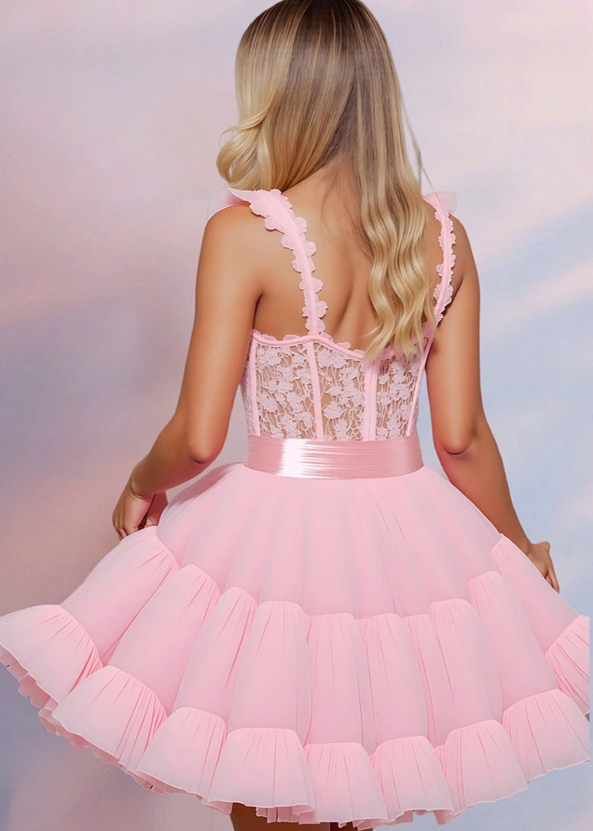 Gytha | Fantasy Homecoming Dress with Ruffles: A - Line Corset Comfort & Lace Romance - Light Pink - PromDressClub