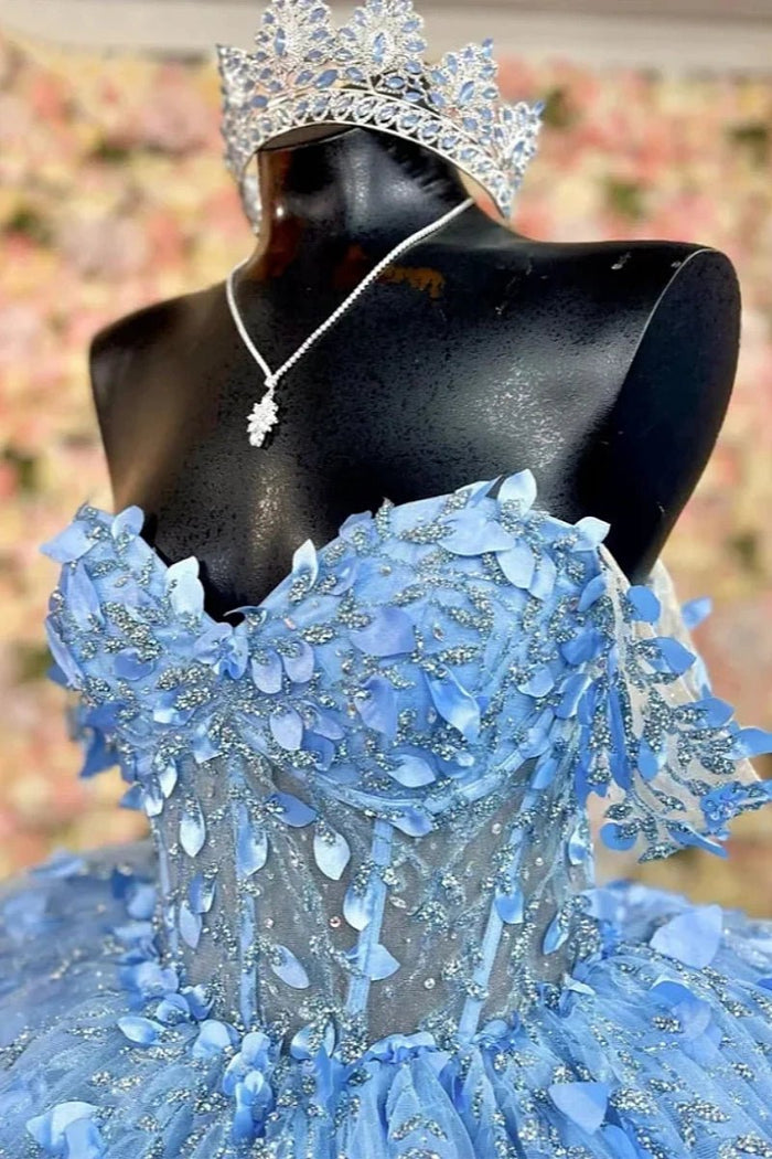 Hailey | Stunning Light Blue Flower Adorned Quince Dresses for Unforgettable Moments - Light Blue - PromDressClub