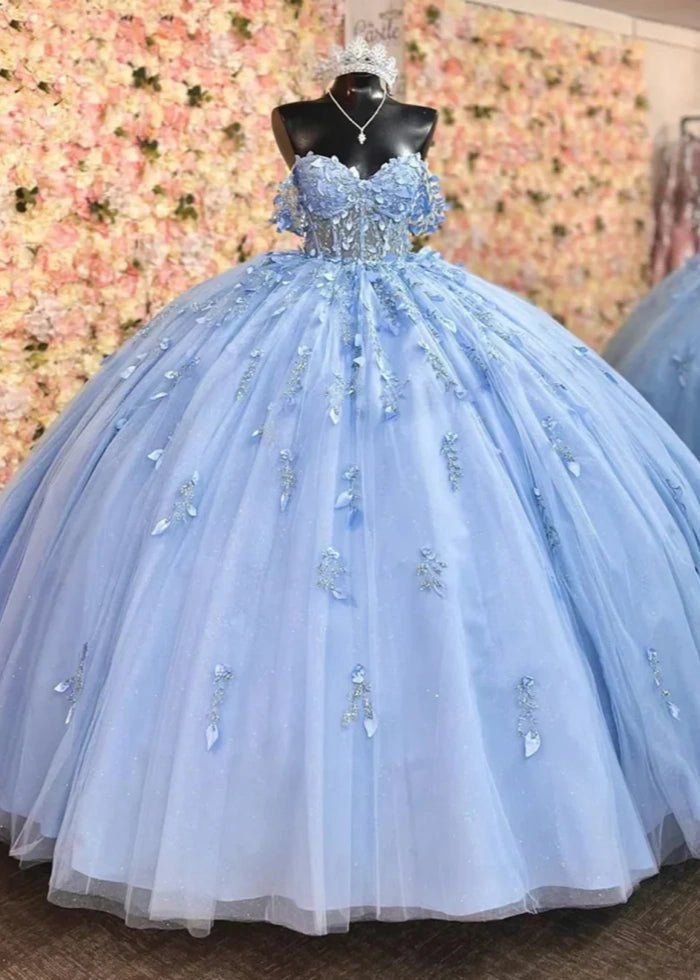 Hailey | Stunning Light Blue Flower Adorned Quince Dresses for Unforgettable Moments - Light Blue - PromDressClub