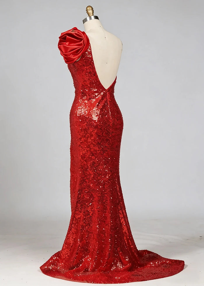 Hana Sparkly Red One Shoulder Prom Dress | Sheath Sequin 3D Flower Formal Dress with Slit - Red - PromDressClub