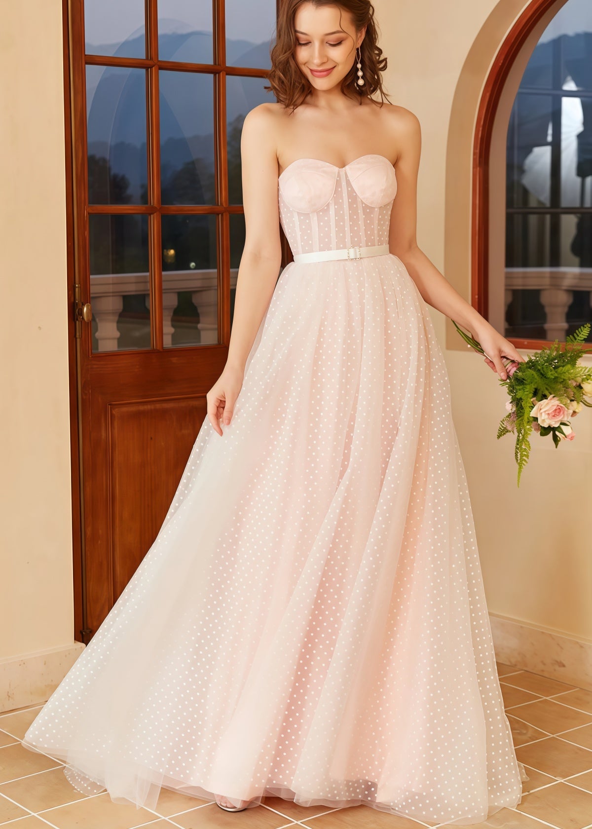 Hannah | White Pink Strapless Polka Dots Bell Sleeve Long Wedding Dress with Illusion Sheer and Belt - White - PROMDRESS Club