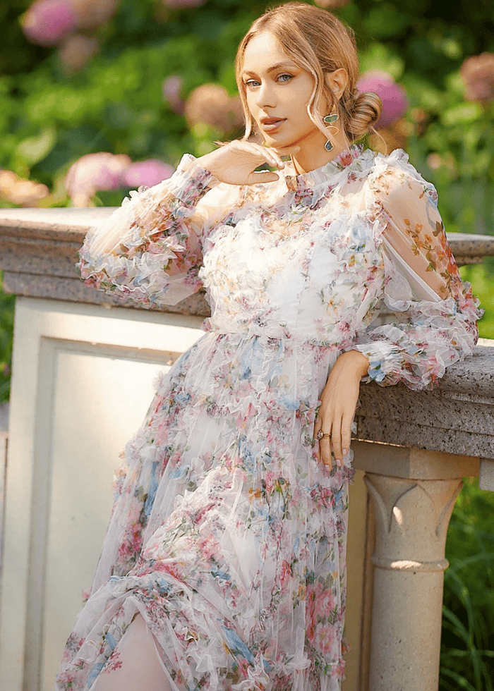 Harper | Modest White Floral Long Sleeve High Neck Prom Dress with Ruffles - White Floral - PromDressClub