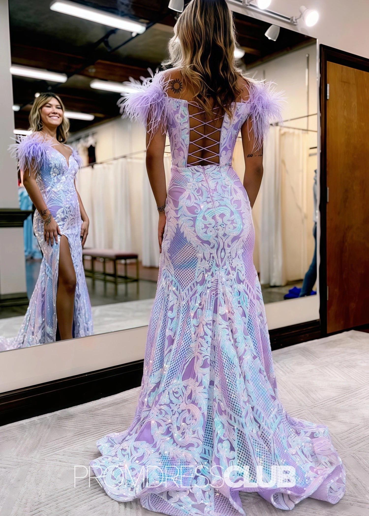 Harriet |Long Glitter Blue Prom Dresses Near Me With Mermaid Off the Shoulder Sequins Feather - Lilac - US0 - PromDressClub