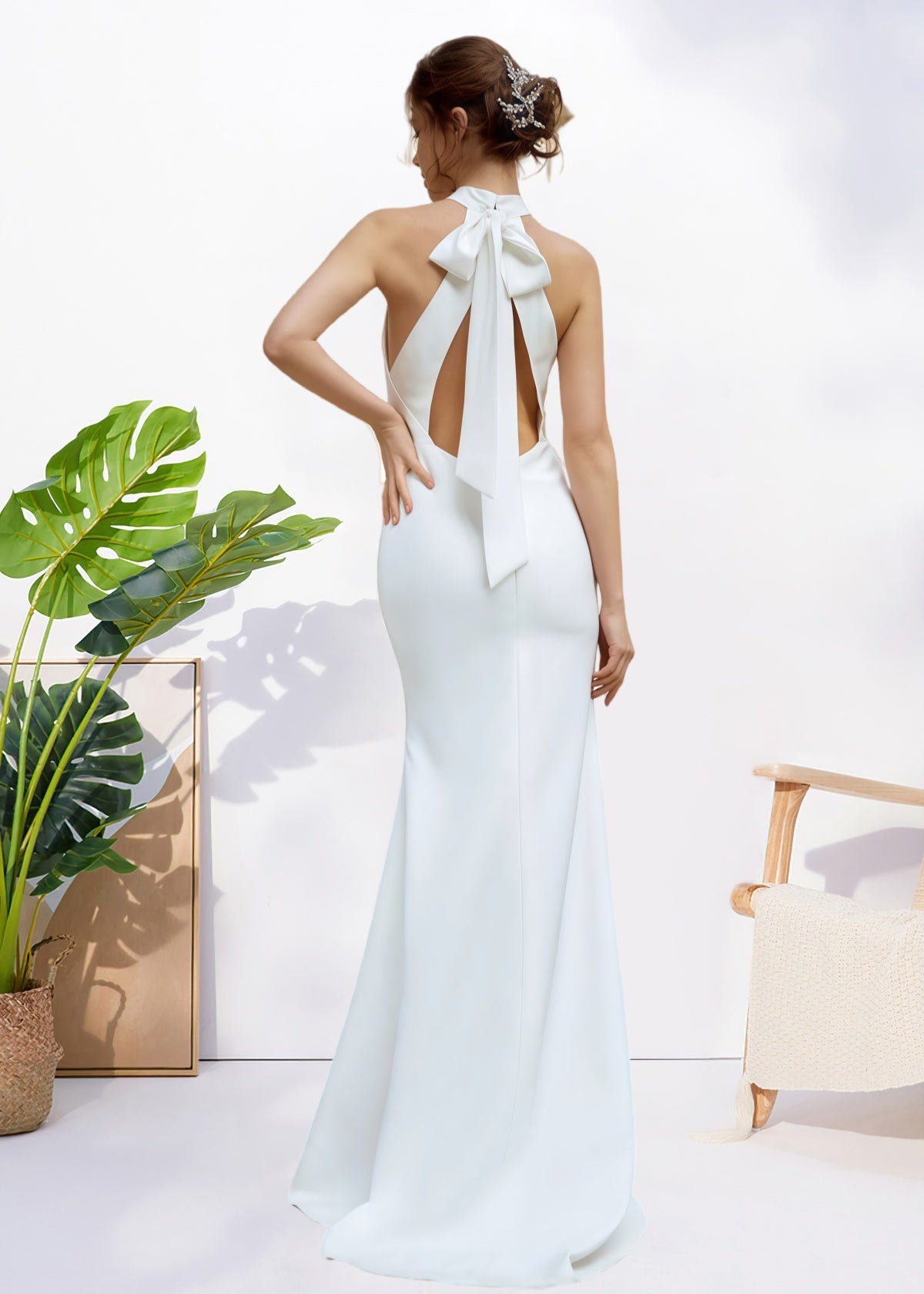 Harriet | Simple Mermaid Halter Neck Backless White Satin Wedding Dress with Bow - White - PROMDRESS Club