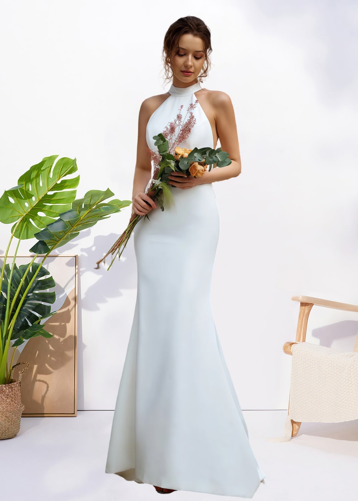 Harriet | Simple Mermaid Halter Neck Backless White Satin Wedding Dress with Bow - White - PROMDRESS Club