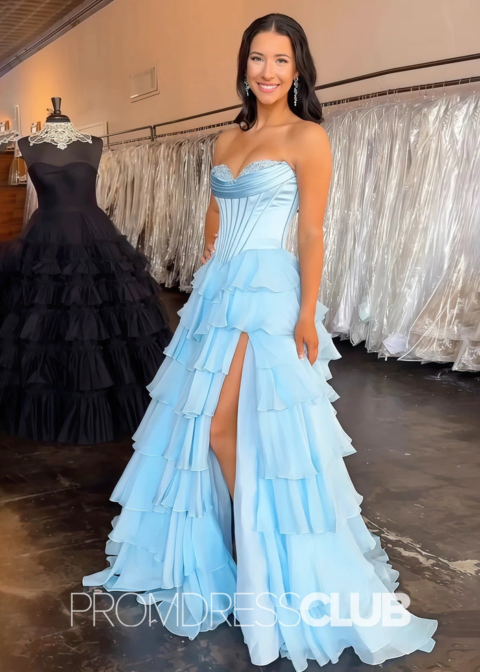 Harriet | Strapless Sweetheart Ruffle Red Prom Dress - Light Blue - PromDressClub