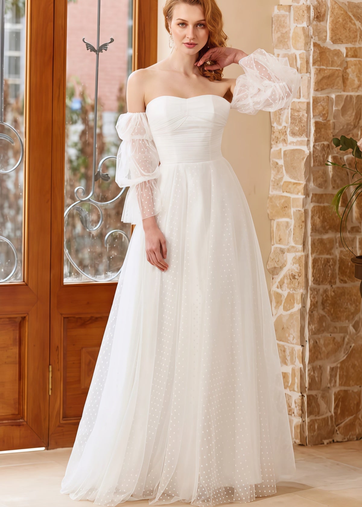 Hazel | A Line Off the Shoulder Strapless Puff Sleeve White Tulle Wedding Dress with Polka Dots - White - PROMDRESS Club