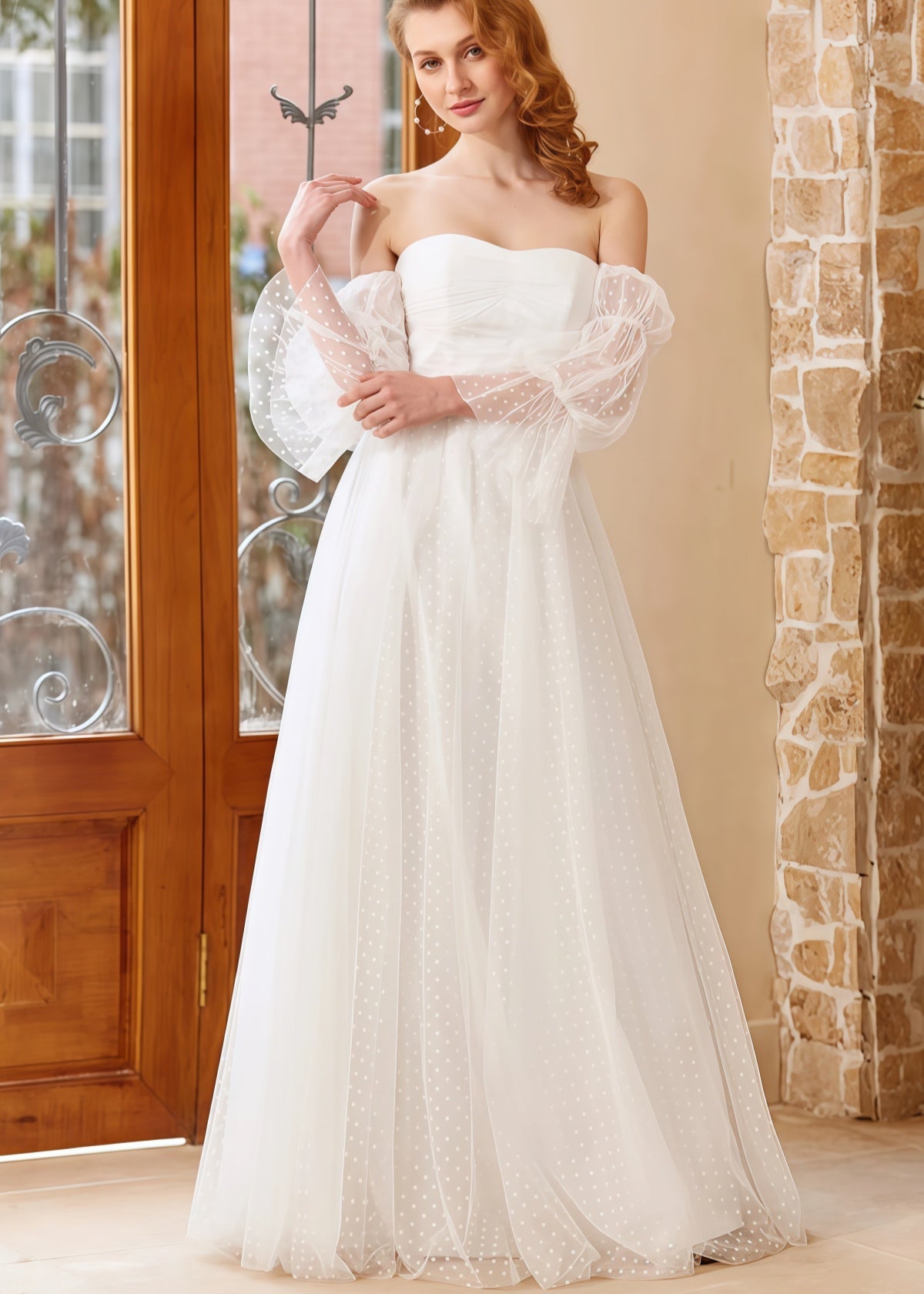 Hazel | A Line Off the Shoulder Strapless Puff Sleeve White Tulle Wedding Dress with Polka Dots - White - PROMDRESS Club