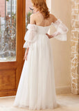 Hazel | A Line Off the Shoulder Strapless Puff Sleeve White Tulle Wedding Dress with Polka Dots - White - PROMDRESS Club