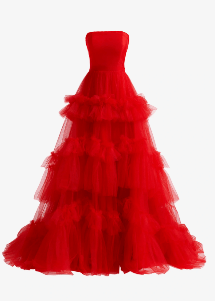 Hazel | A Line Red Strapless Corset Tulle Formal Dress Ruffle - Red - PromDressClub