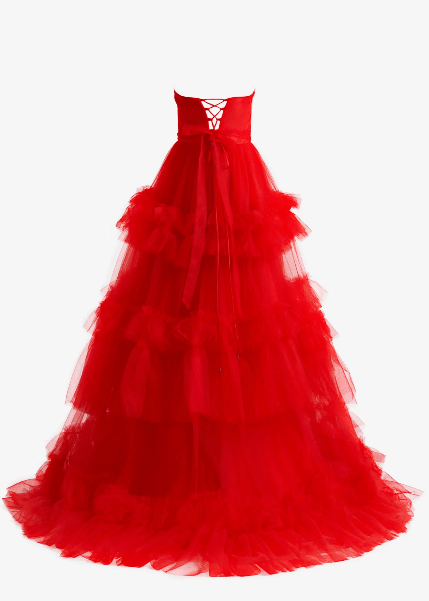 Hazel |A - Line Strapless Ruffled Red Tulle Long Prom Dress With Tiered Ruffles - Red - US0 - PromDressClub