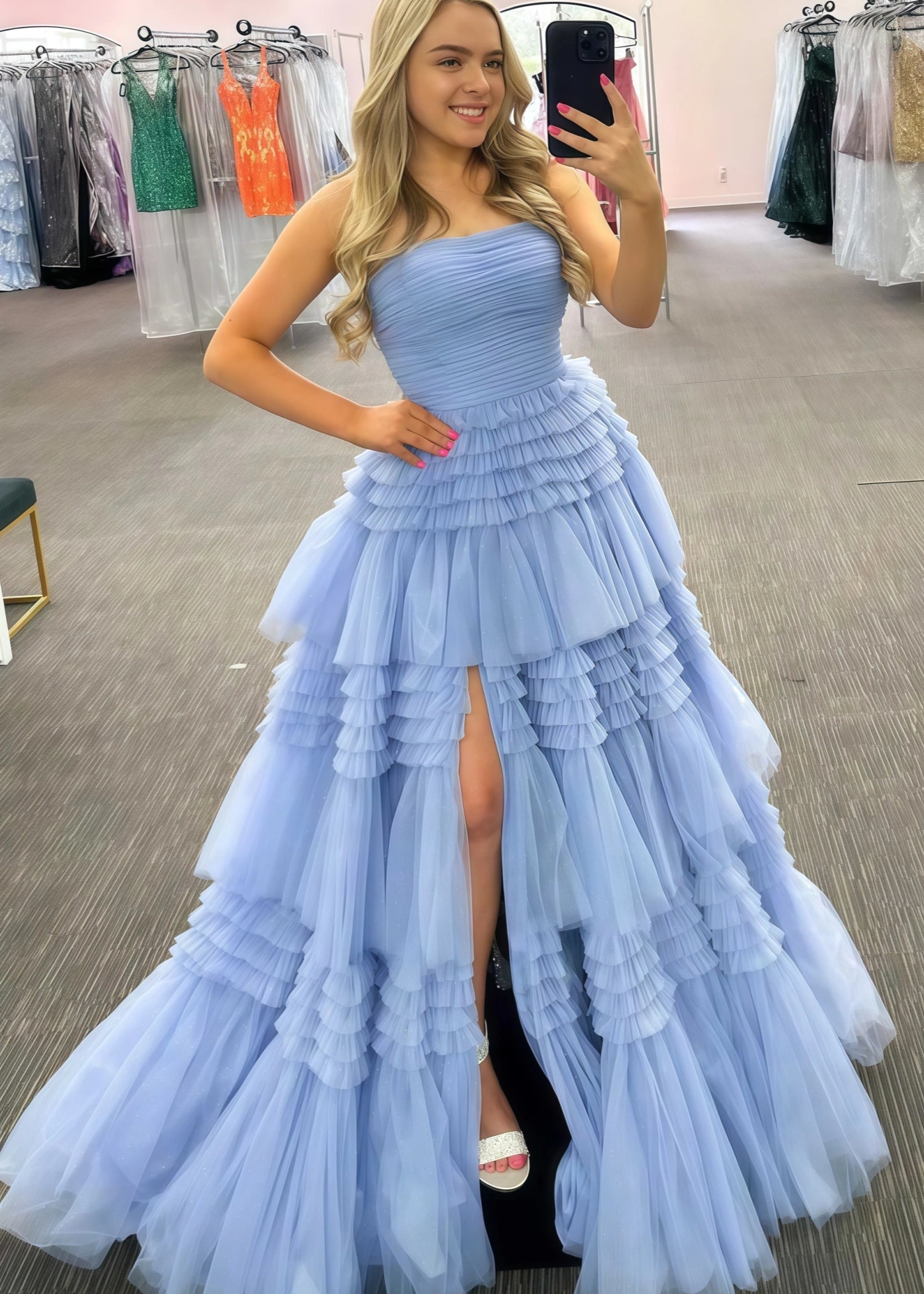 Hazel |A - Line Strapless Slit Tulle Champagne Long Prom Dress with Tiered Ruffles - Sky Blue - US0 - PromDressClub