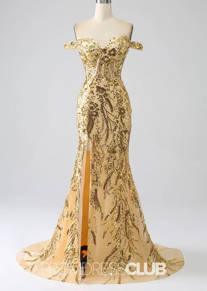 Hazel |Long Black Prom Dresses Near Me With Sequins Mermaid Off the Shoulder Split - Price #price_variant_lowest# - Gold - PromDressClub