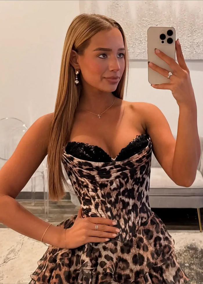 Hedda Corset Leopard Prom Dress Ruffles | A - Line Strapless Strapless Sweehteart Neckline Lace Detail Formal Dress with Slit - Leopard - PromDressClub