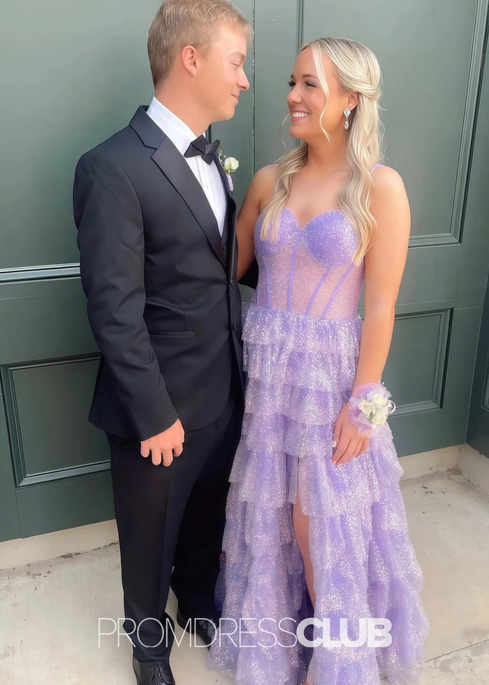 Hedda |Long Lilac Prom Dresses Near Me With Sparkly Princess Spaghetti Straps Tulle Tiered - Price #price_variant_lowest# - Lilac - PromDressClub