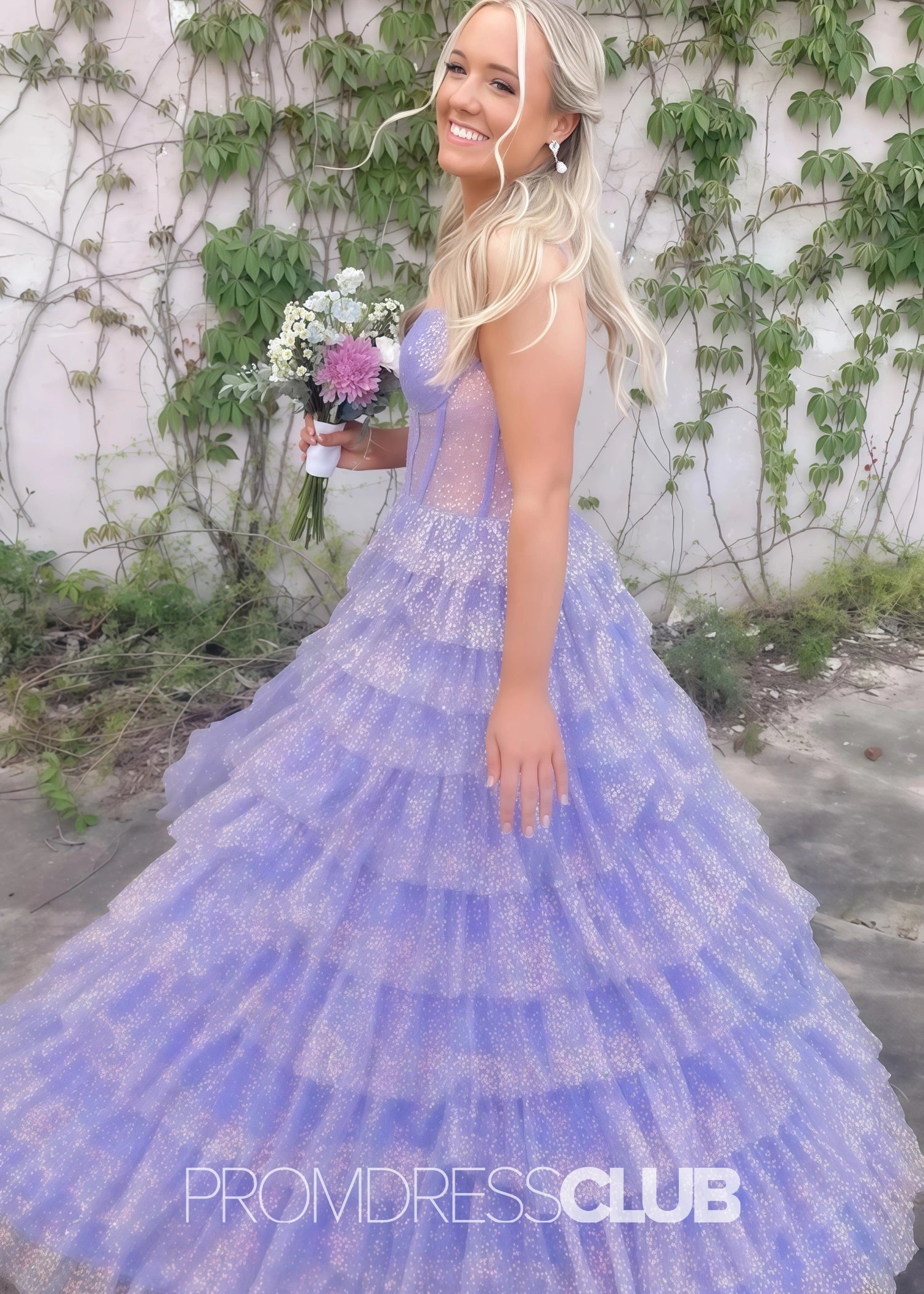 Hedda |Long Lilac Prom Dresses Near Me With Sparkly Princess Spaghetti Straps Tulle Tiered - Lilac - US0 - PromDressClub