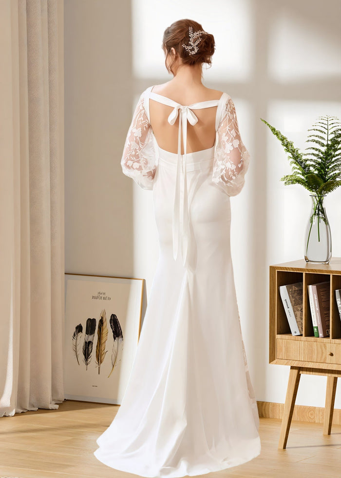 Hedda | Mermaid Square Neck Long Sleeve Backless White Satin Wedding Dress with Bow - Price #price_variant_lowest# - White - PromDressClub
