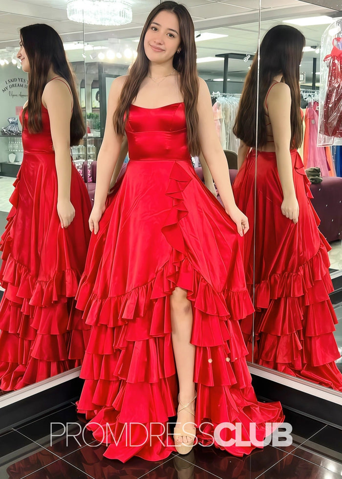Hedy | A Line Lace - Up Ruffle Long Red Prom Dress - Price #price_variant_lowest# - Red - PromDressClub