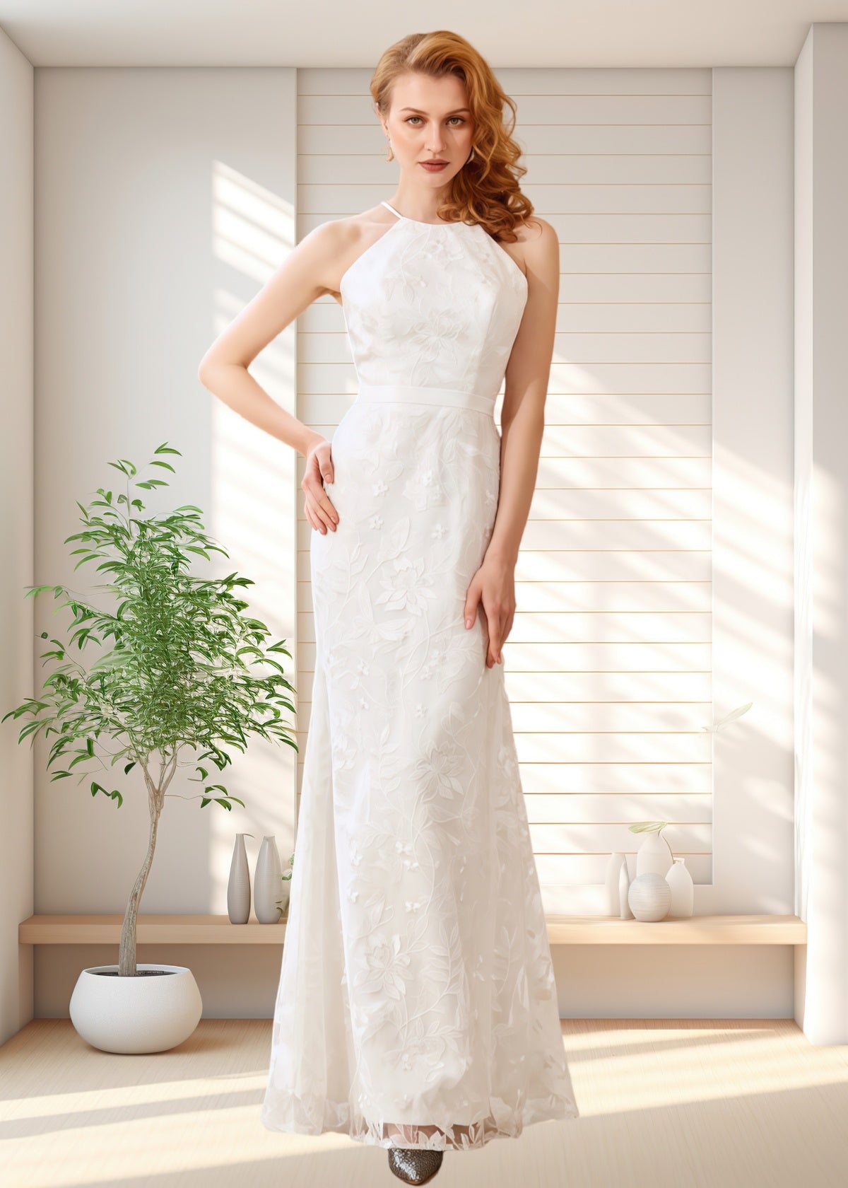 Hedy | Modest Mermaid Halter Neck White Lace Reception Wedding Dress - White - PROMDRESS Club