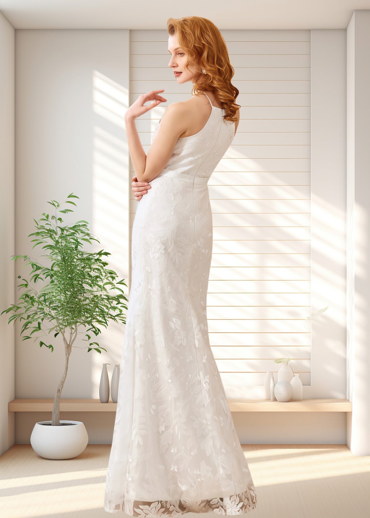 Hedy | Modest Mermaid Halter Neck White Lace Reception Wedding Dress - White - PROMDRESS Club