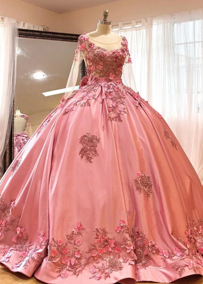 Helen | Gorgeous Long Sleeve Pink Quince Dresses for Memorable Occasions - Pink - PromDressClub