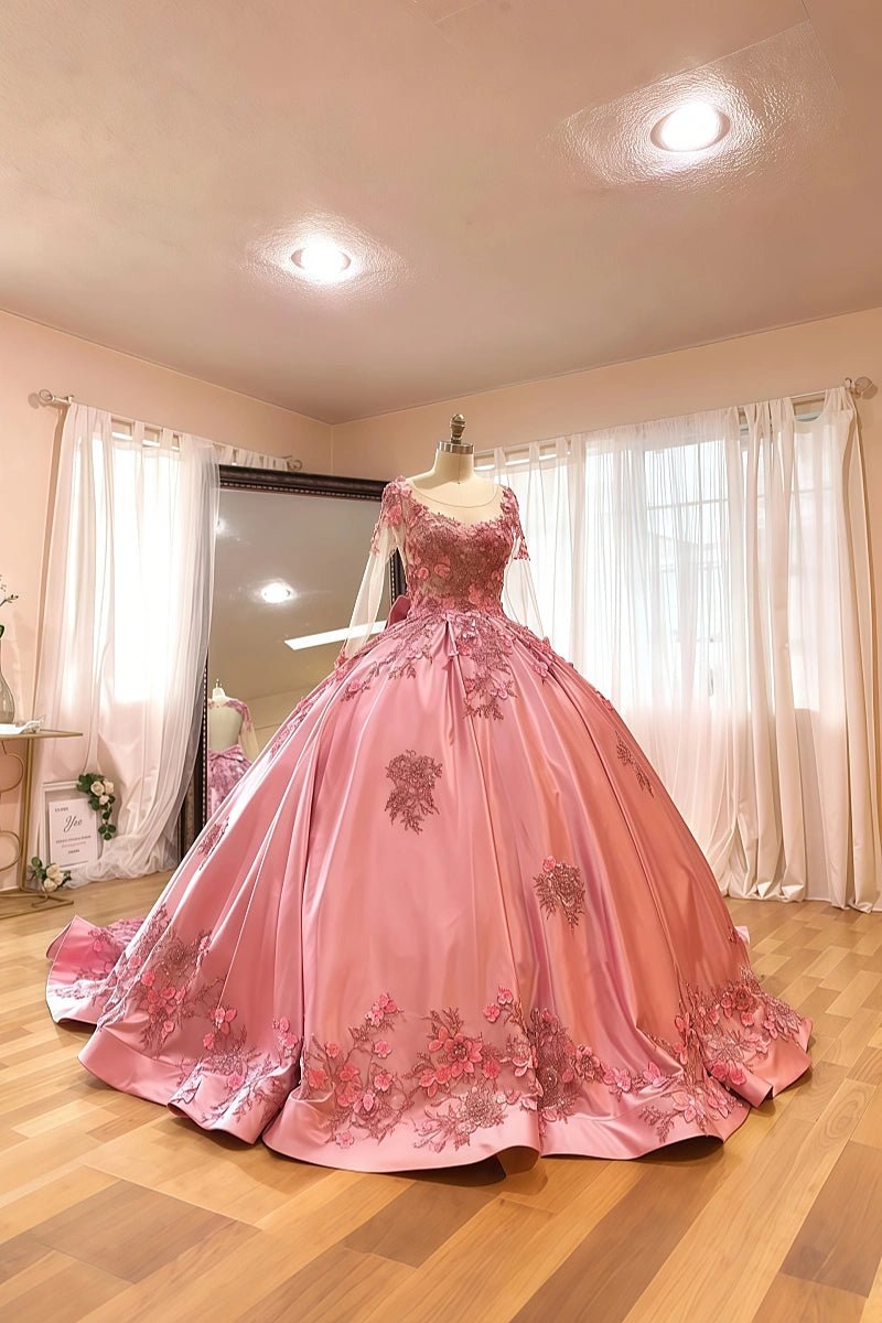 Helen | Gorgeous Long Sleeve Pink Quince Dresses for Memorable Occasions - Pink - PromDressClub