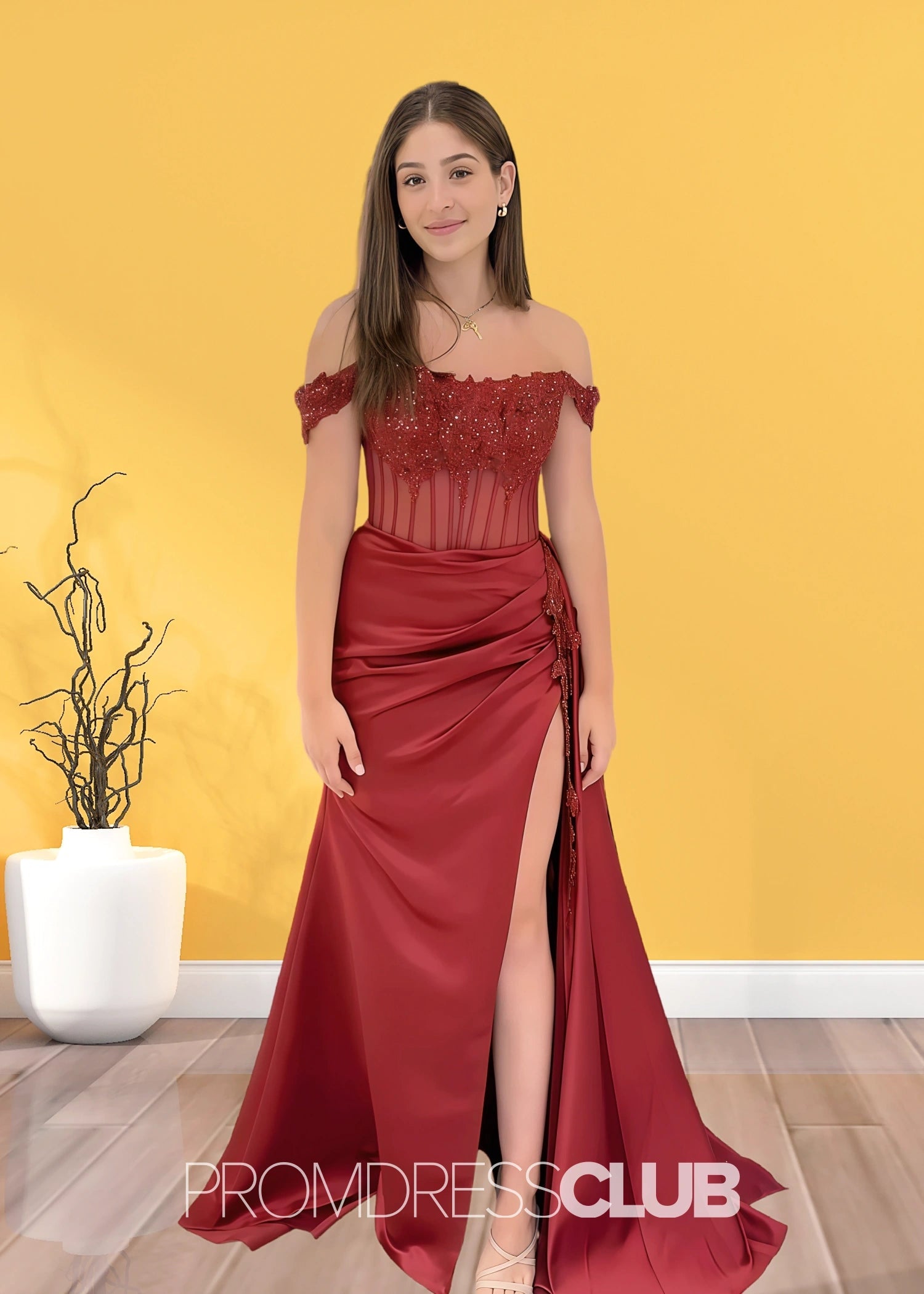 Hermosa |Long Black Prom Dresses Near Me With Mermaid Off Shoulder Lace Sequins High Split - Burgundy - US0 - PromDressClub