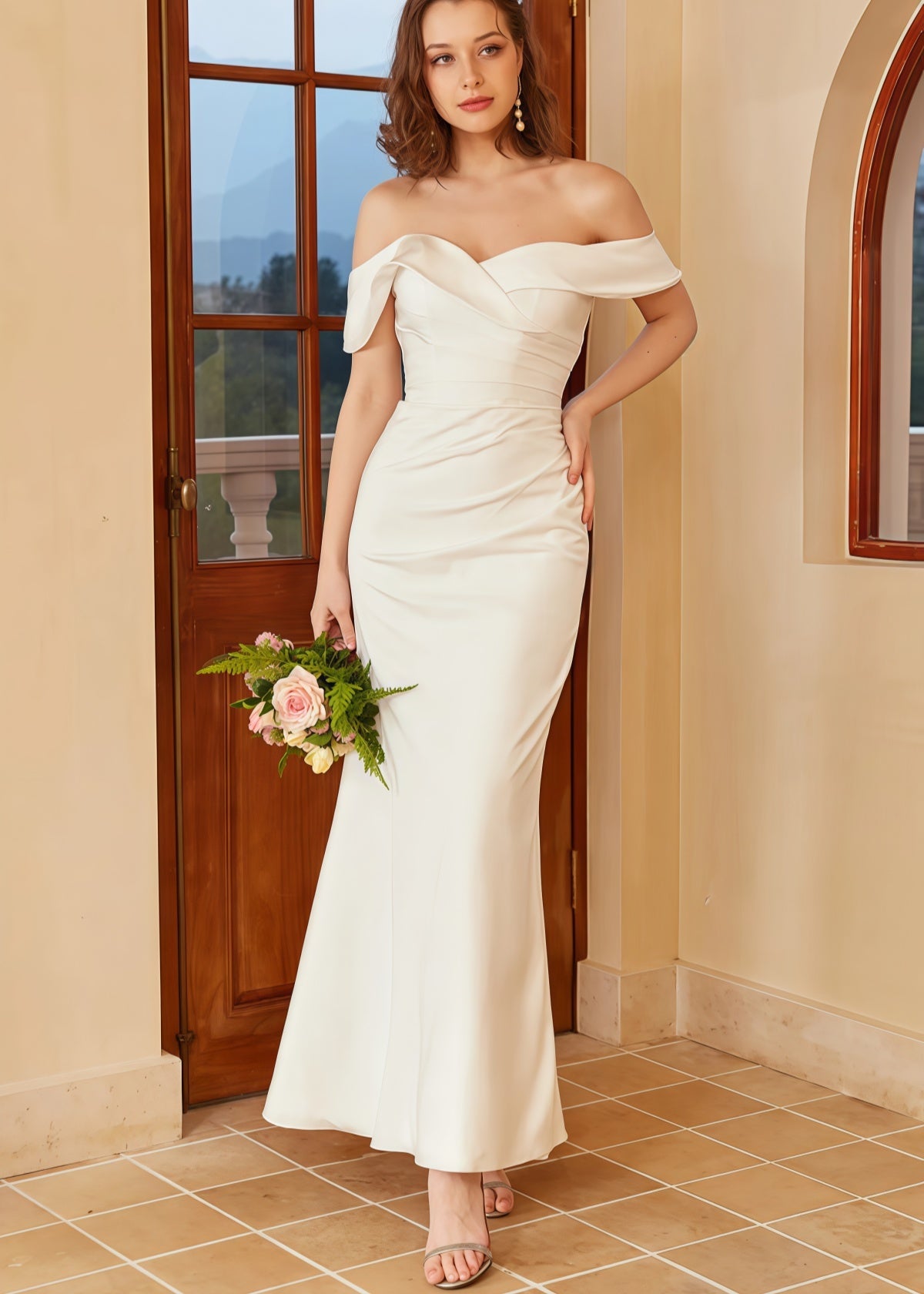 Hermosa | Mermaid Boho Off the Shoulder White Satin Wedding Dress with Backless - White - PROMDRESS Club