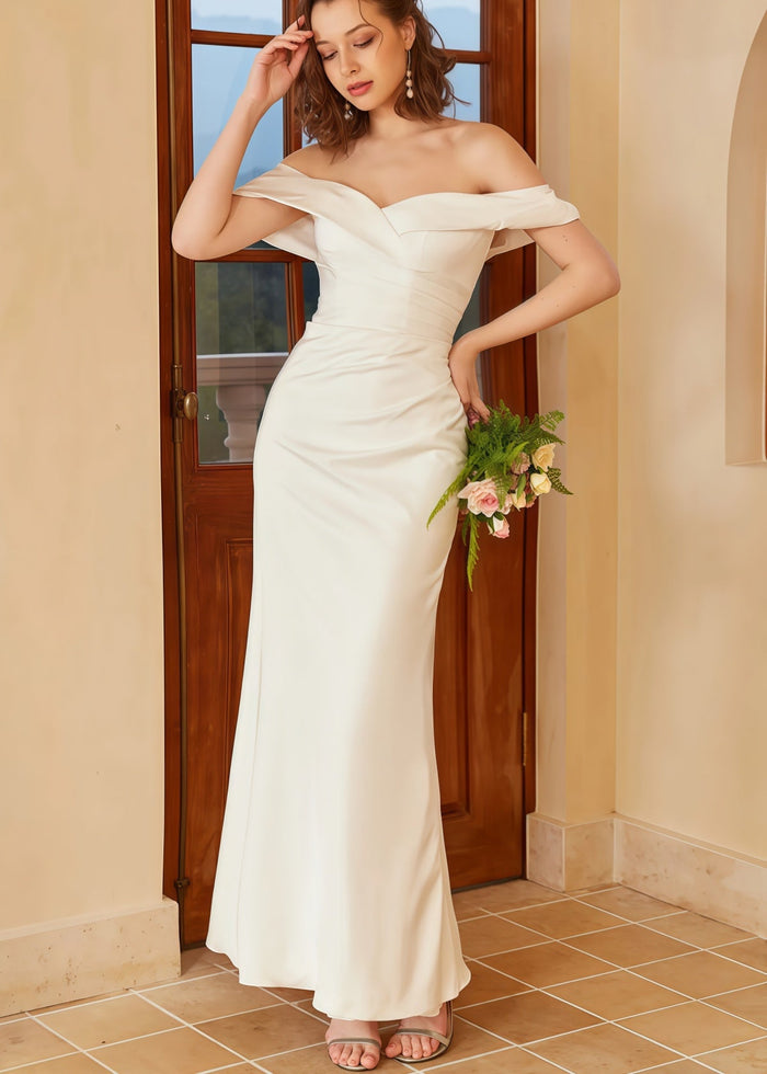 Hermosa | Mermaid Boho Off the Shoulder White Satin Wedding Dress with Backless - Price #price_variant_lowest# - White - PromDressClub