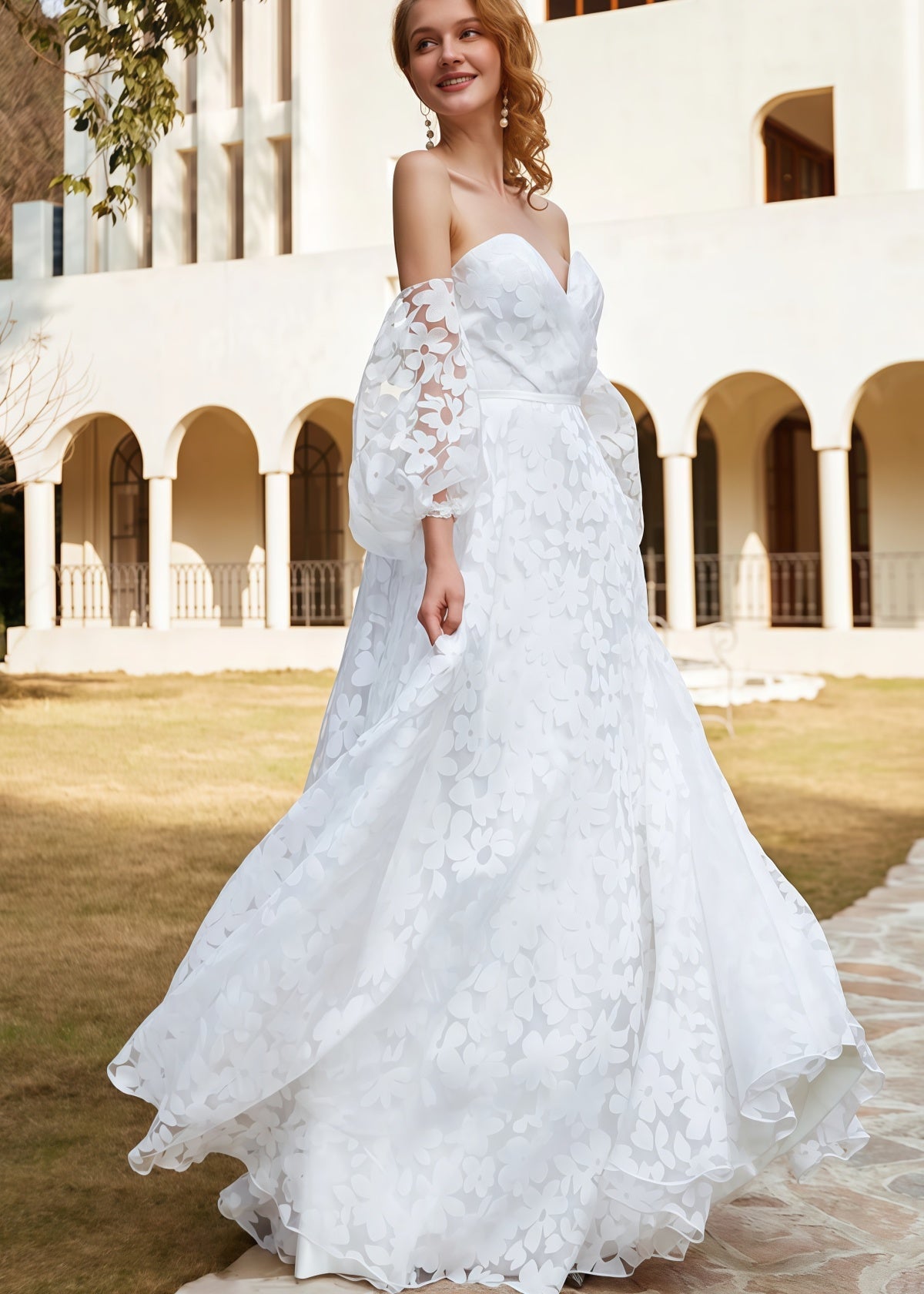 Hilary | A Line Sweetheart Backless White Organza Wedding Dress Train with Off the Shoulder - White - PROMDRESS Club