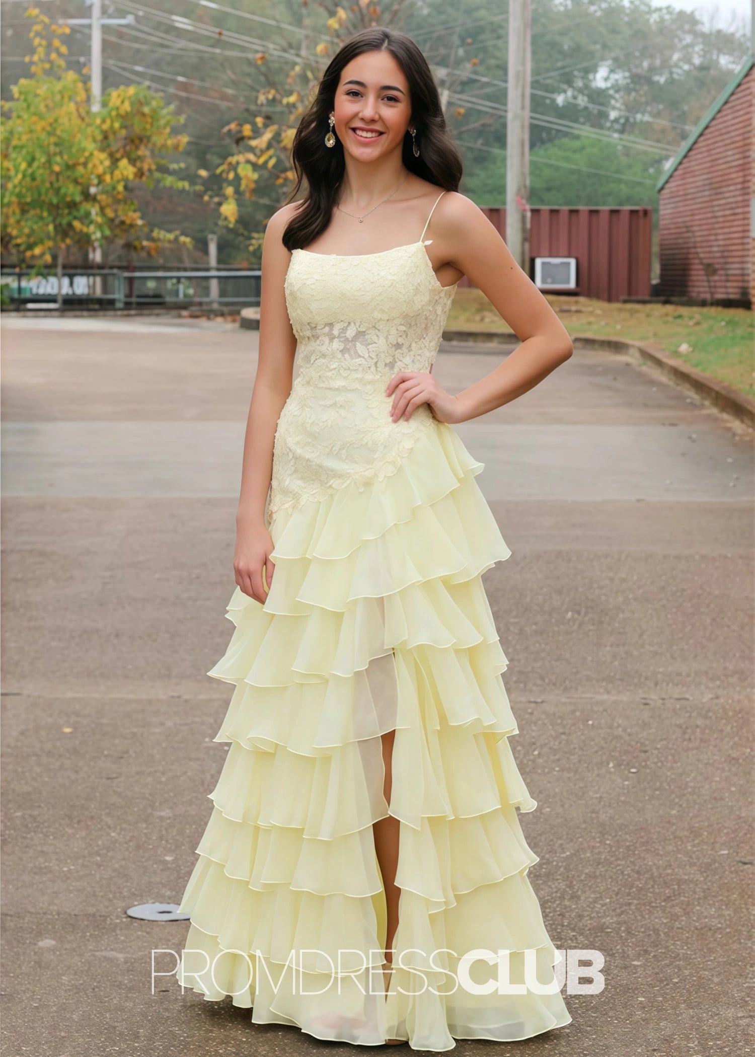 Hilary |Long Yellow Prom Dresses Stores With A Line Elegant Layered Lace Side Slit - Yellow - US0 - PromDressClub