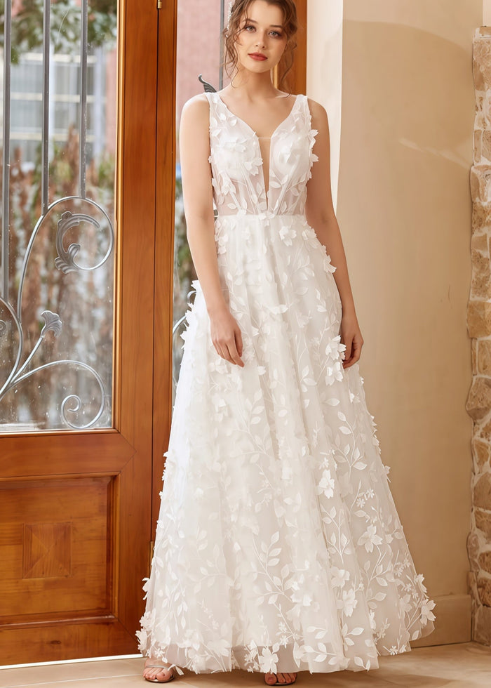 Honey | 3D Appliques Lace Corset V Neck White Tulle Wedding Dress with Open Back - Price #price_variant_lowest# - White - PromDressClub