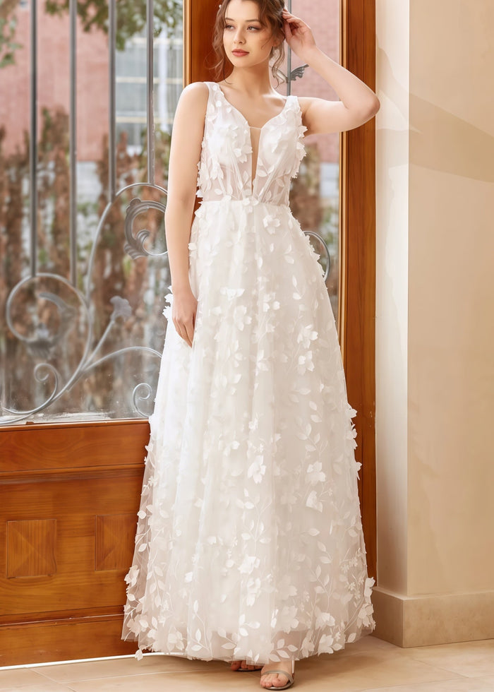 Honey | 3D Appliques Lace Corset V Neck White Tulle Wedding Dress with Open Back - Price #price_variant_lowest# - White - PromDressClub