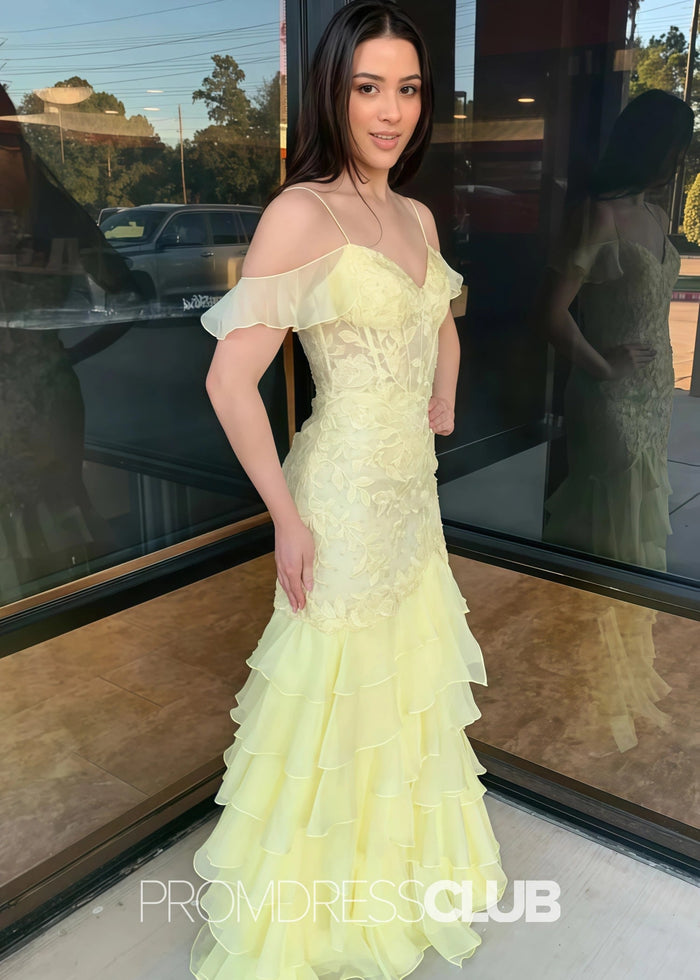 Honey |Long Yellow Prom Dresses Near Me With Mermaid Off Shoulder Layered Lace - Price #price_variant_lowest# - Black - PromDressClub