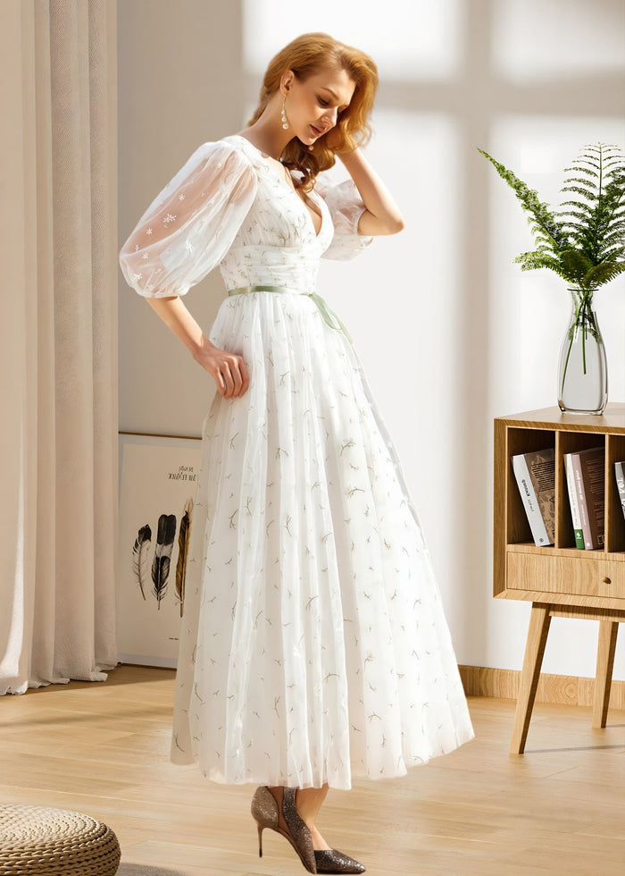 Hulda | Puff Sleeve V Neck Midi Floral Wedding Dress A Line - Price #price_variant_lowest# - Green Floral - PromDressClub