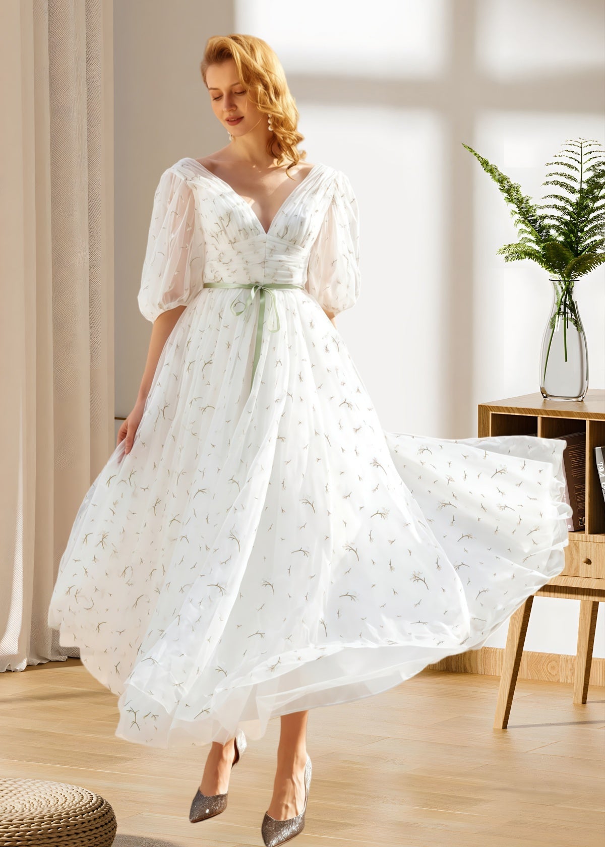 Hulda | Puff Sleeve V Neck Midi Floral Wedding Dress A Line - Green Floral - PROMDRESS Club