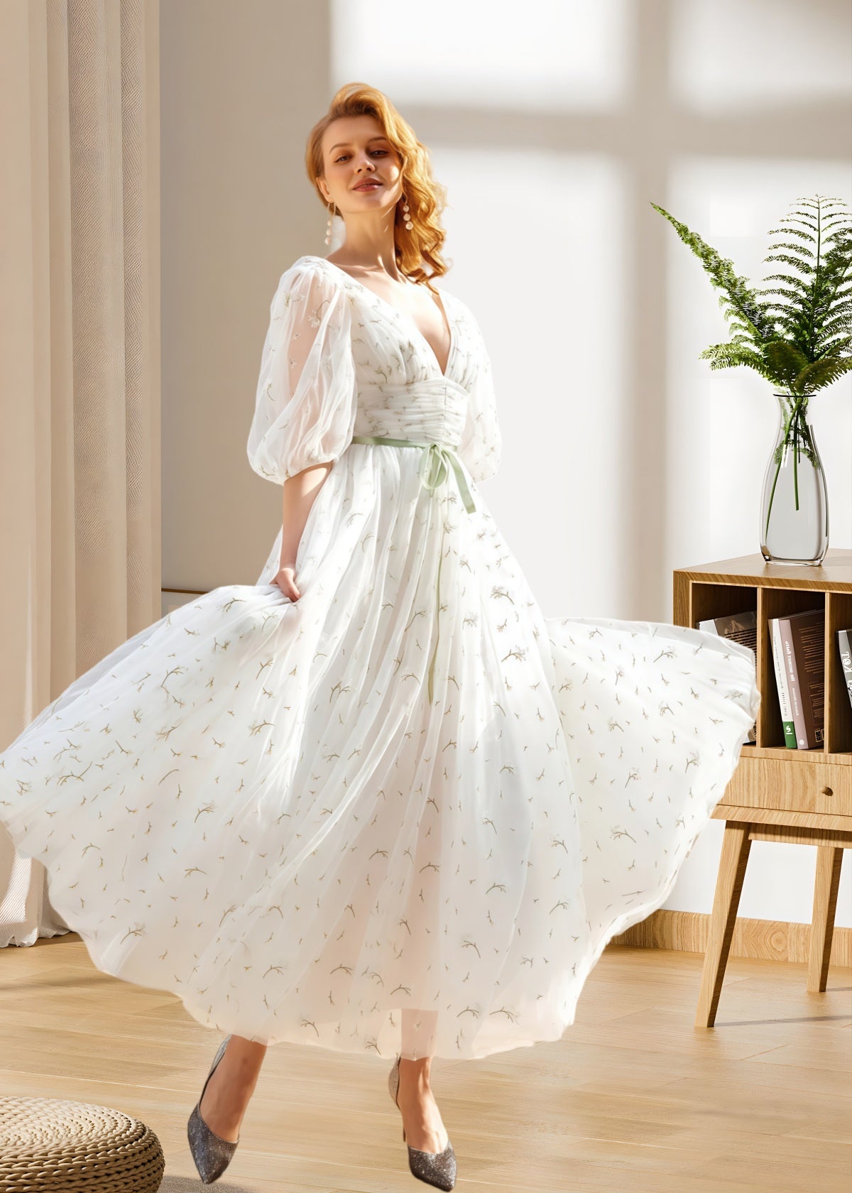 Hulda | Puff Sleeve V Neck Midi Floral Wedding Dress A Line - Green Floral - PROMDRESS Club